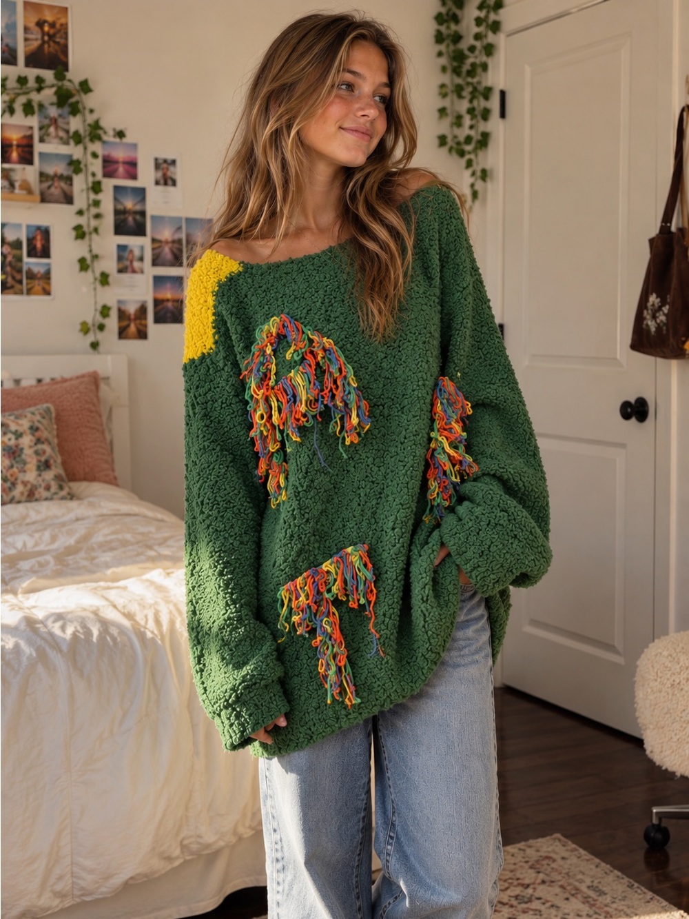 Statement green sweater with fringe design